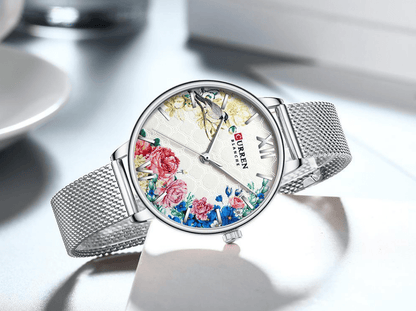 Stevvex womens watch with floral decoupage dial and large Roman numerals, silver mesh band on Tampa Home & Garden Store