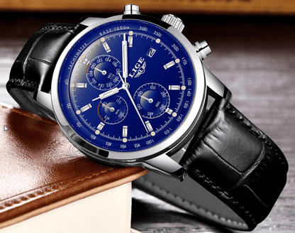 Men's blue dial chronograph watch with leather strap, date window, LIGE logo on Tampa Home & Garden Store