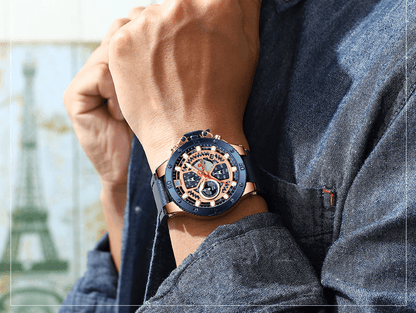 Stevvex men's casual chronograph watch ST1N600MK with blue bezel and luminous hands on wrist on Tampa Home & Garden Store