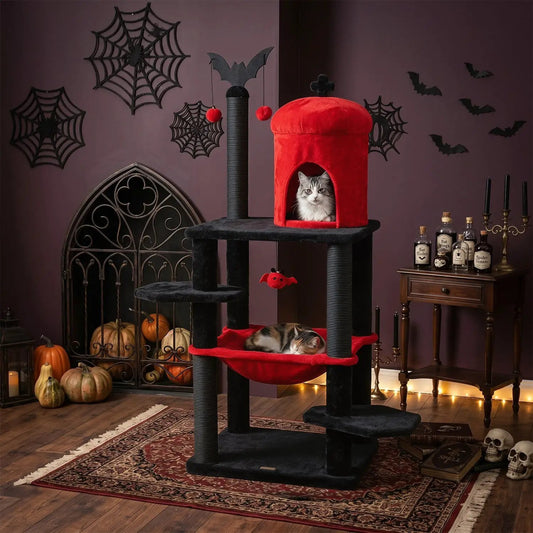 51in Gothic multi-level cat tree with black frame, red hammock and spider toy on Tampa Home & Garden Store