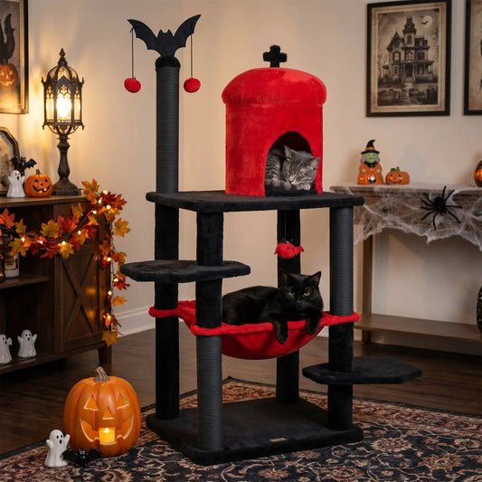 51-inch Gothic multi-level cat tree with red hammock, spider toy, black posts, two cats lounging on Tampa Home & Garden Store