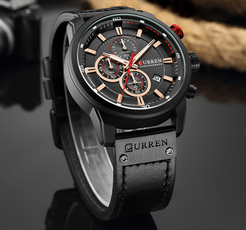 Men's waterproof chronograph watch with black leather strap and rose-gold markers Curren branding on Tampa Home & Garden Store