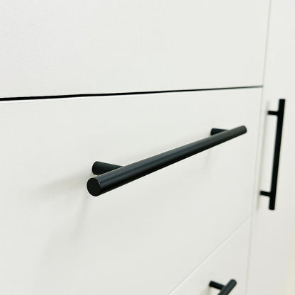 Robin Gentleman’s Chest white finish with black bar pulls, close-up of drawer front on Tampa Home & Garden Store