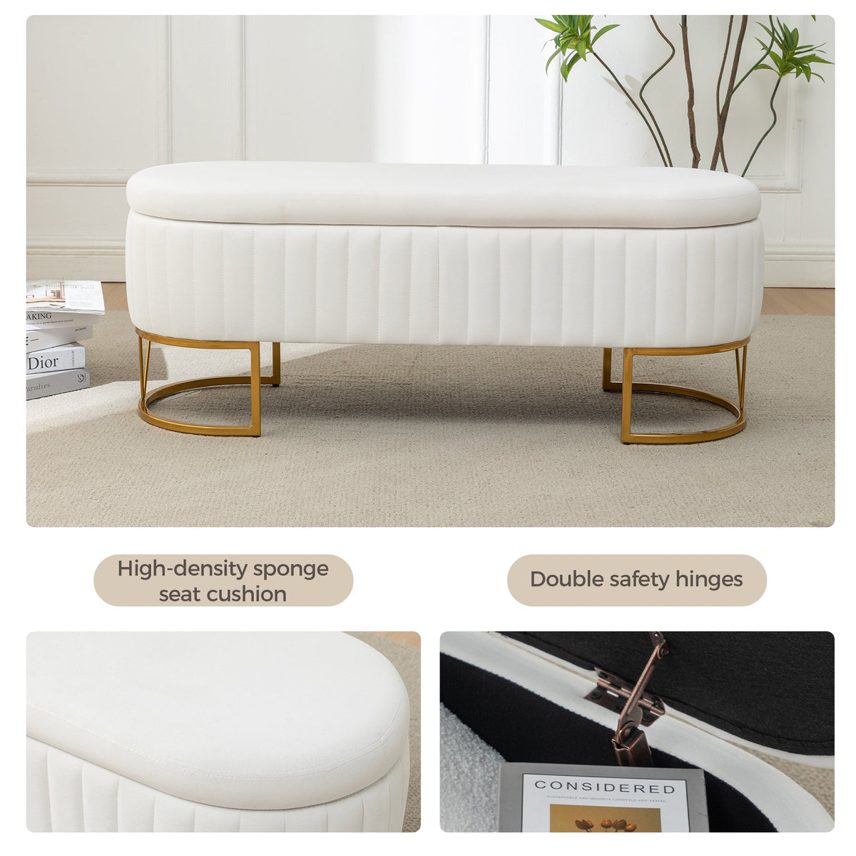 The Velvet Storage Bench with Gold Metal Legs
