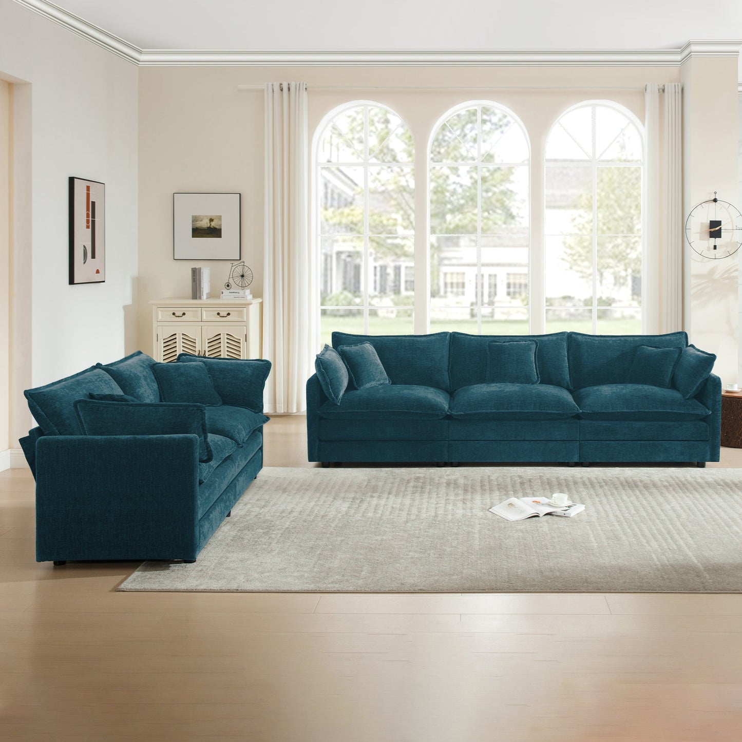 Chenille sofa set: blue 2- and 3-seater couches in a bright living room with white walls on Tampa Home & Garden Store