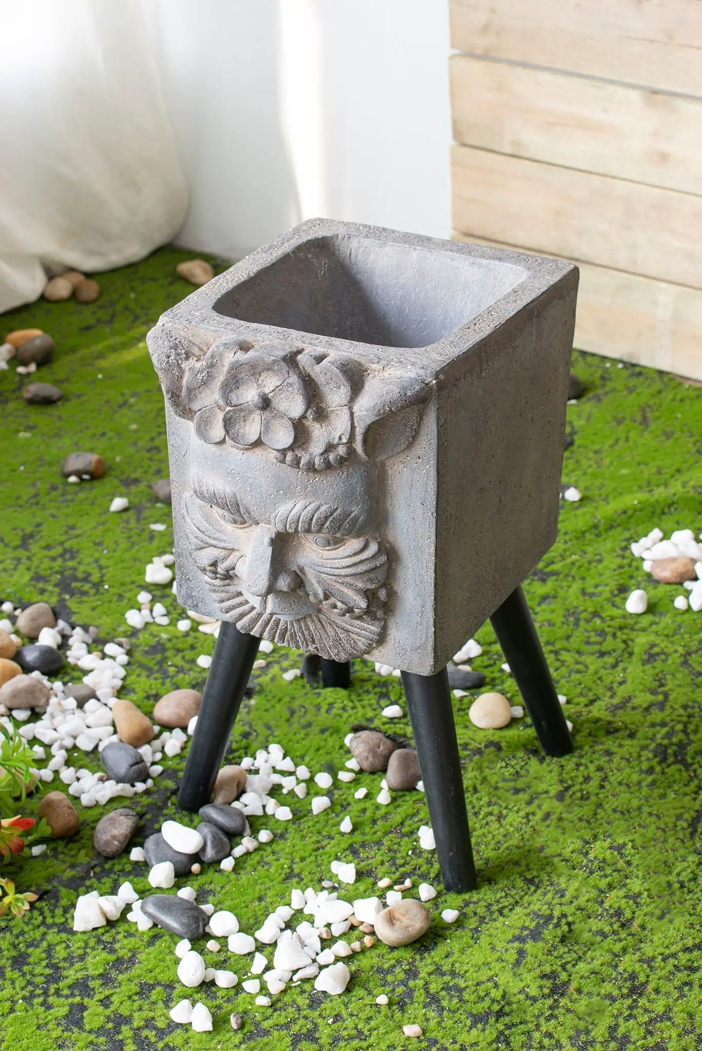 Greek God Statue Planter With Legs gray concrete-like block, floral relief and tripod legs on Tampa Home & Garden Store