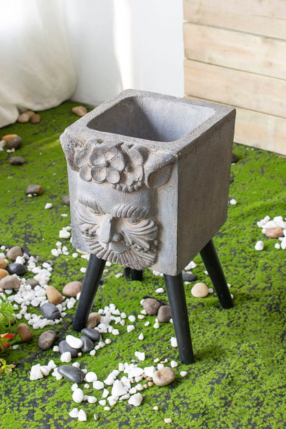 Greek God Statue Planter With Legs gray concrete-like block, floral relief and tripod legs on Tampa Home & Garden Store