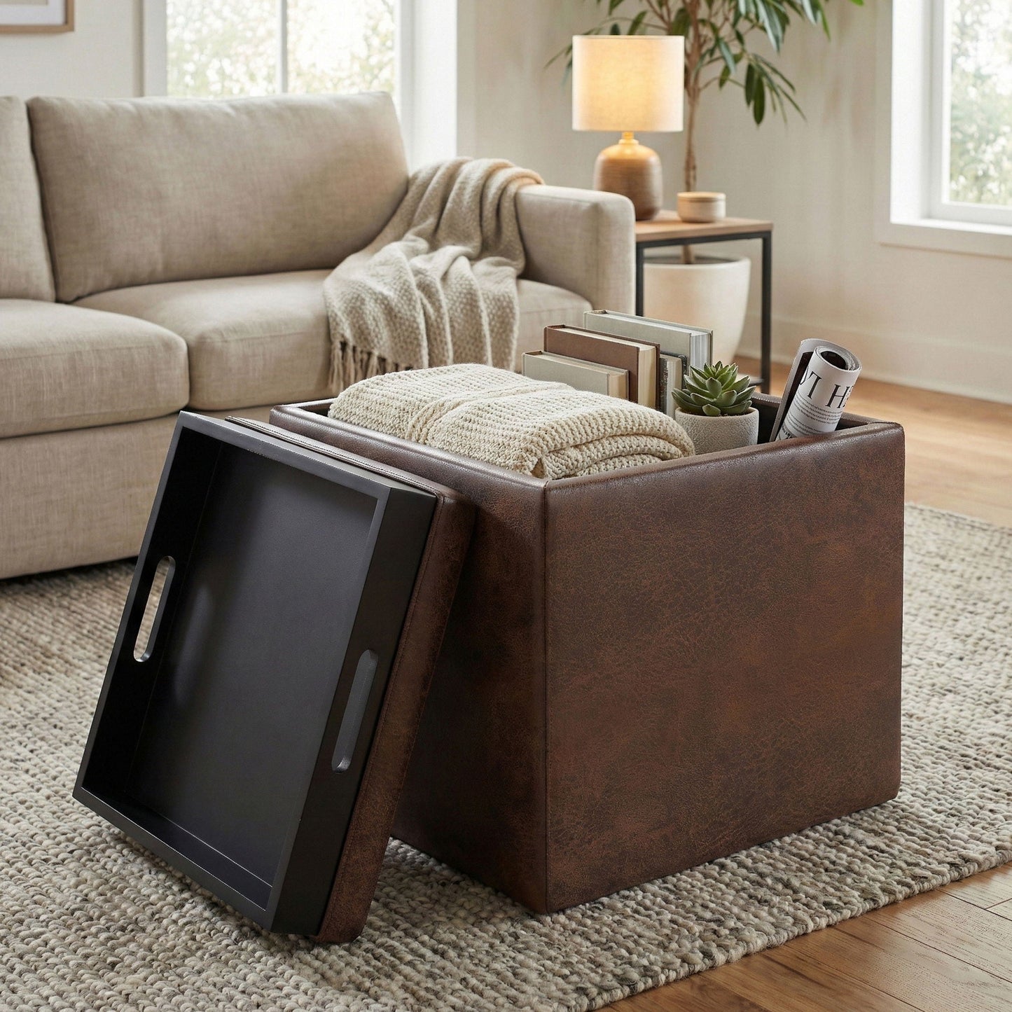Rockwood Upholstered Cube Ottoman with Tray