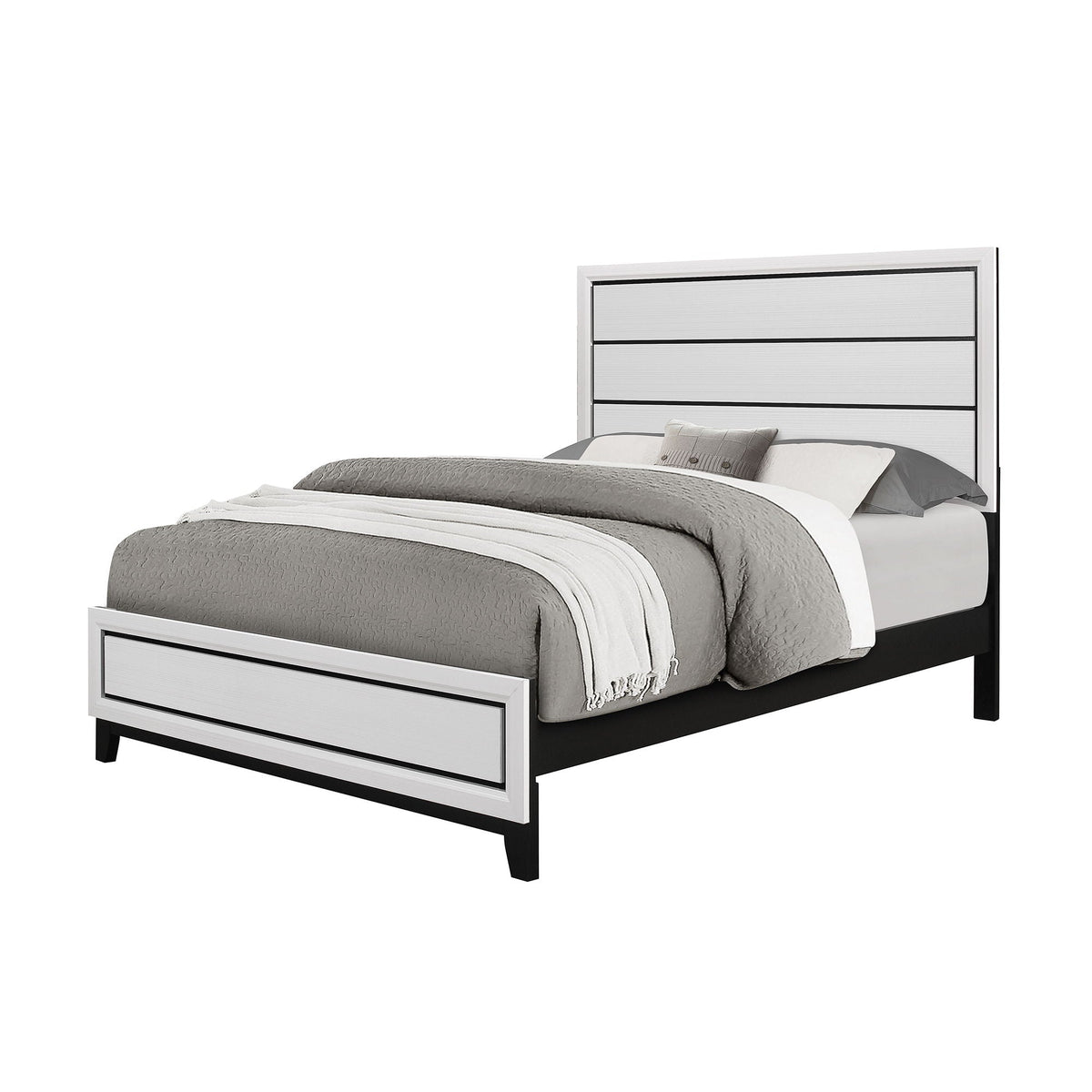 Mirage panel bed by HouseOfZazla in white-gray finish with black trim headboard and footboard on Tampa Home & Garden Store