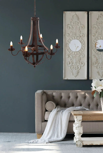 6-light black metal chandelier with curved arms and candle bulbs, hung from an adjustable chain on Tampa Home & Garden Store