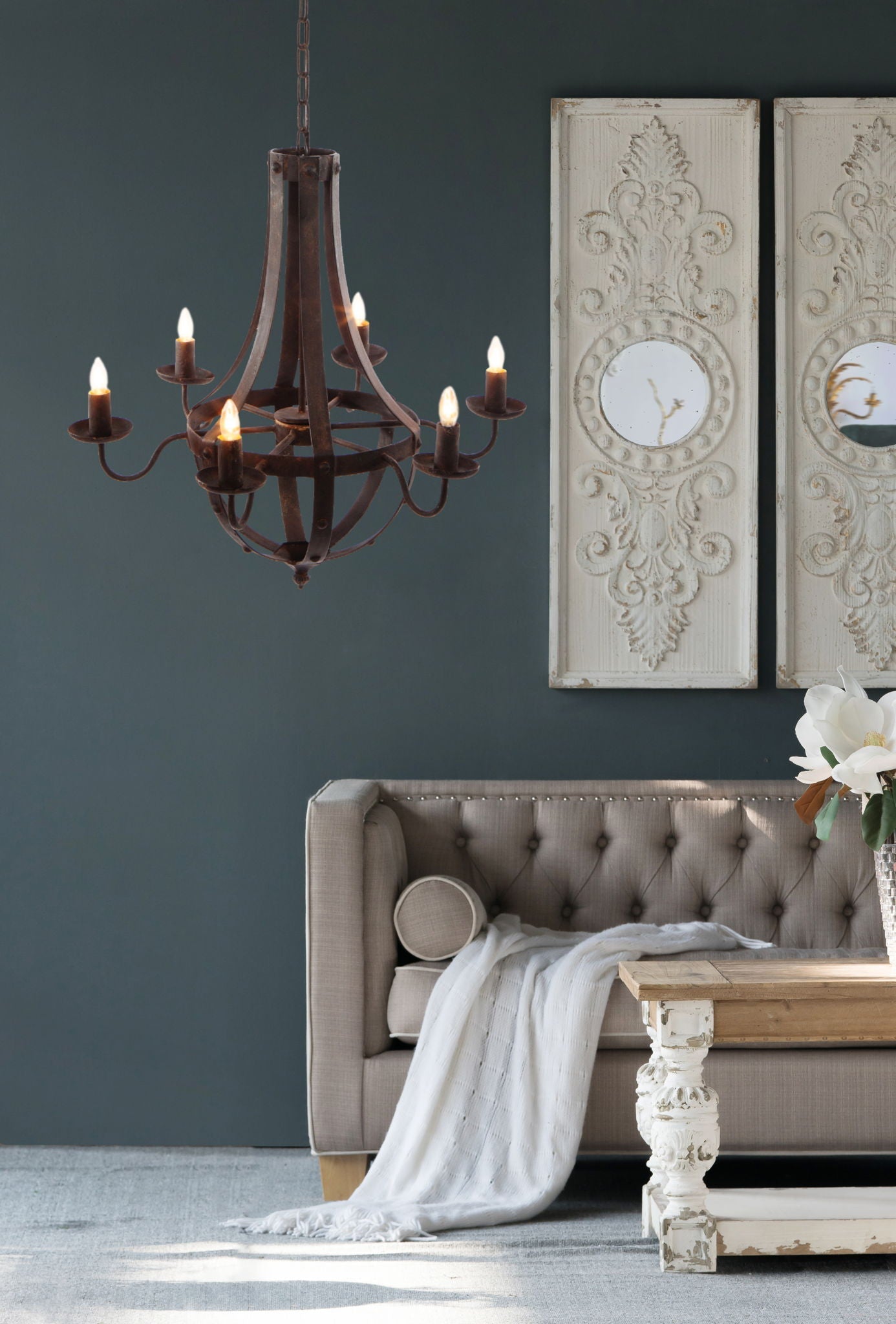 Antique 6 Light Black Iron Chandelier for Home