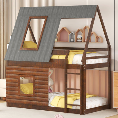 Wood twin-size House bunk bed in oak & smoky gray with roof and ladder and two windows on Tampa Home & Garden Store