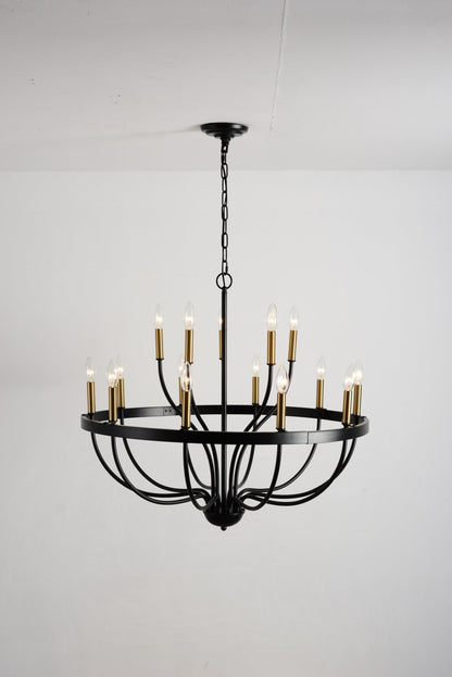 18-light industrial iron chandelier with black frame and brass candle sleeves HouseOfZazla on Tampa Home & Garden Store