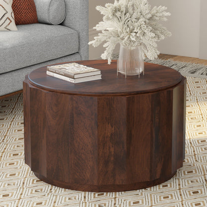 Walnut brown drum-style coffee table Trenton by HouseOfZazla in a cozy living room on Tampa Home & Garden Store