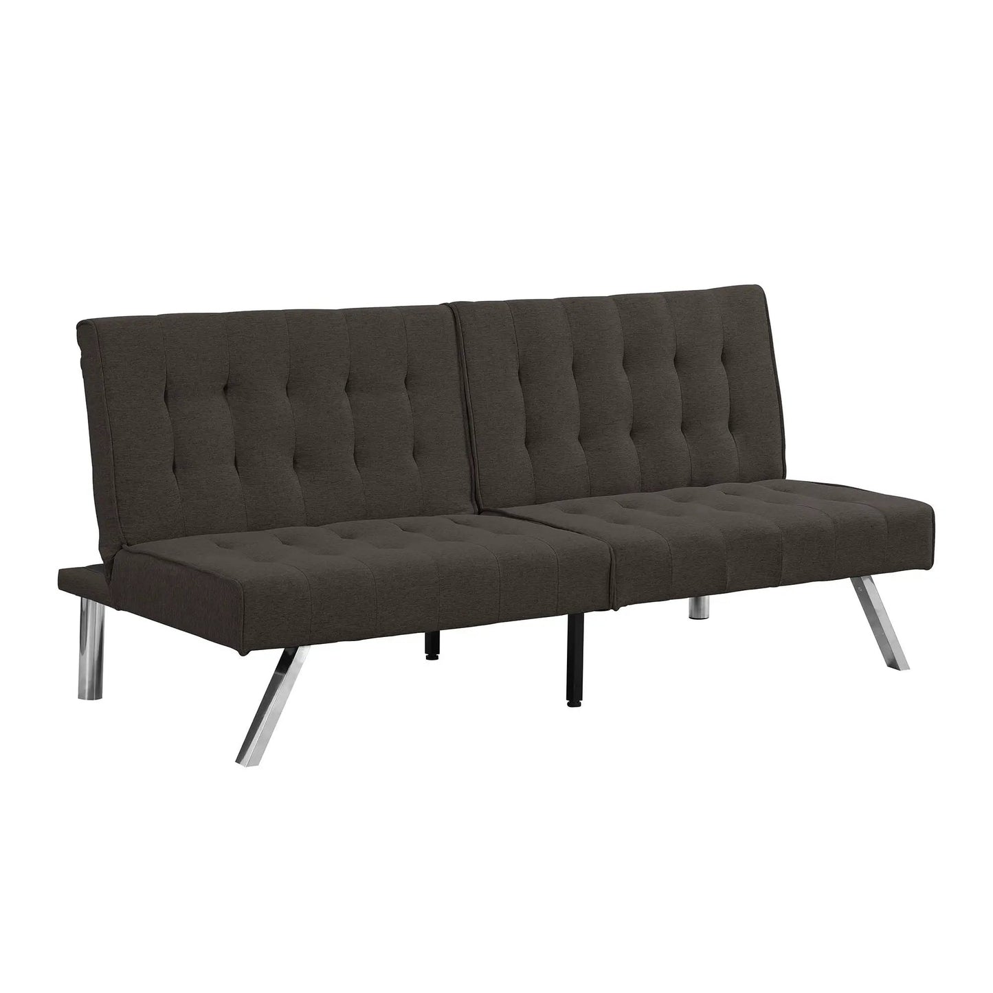 Futon sofa bed in dark charcoal fabric with tufted back on Tampa Home & Garden Store