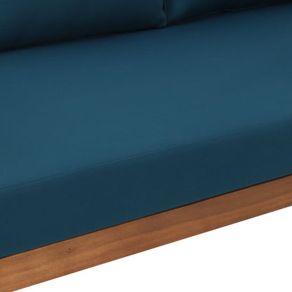 Claremont 3 Seater Daybed with teal water-resistant cushions and teak acacia wood frame on Tampa Home & Garden Store