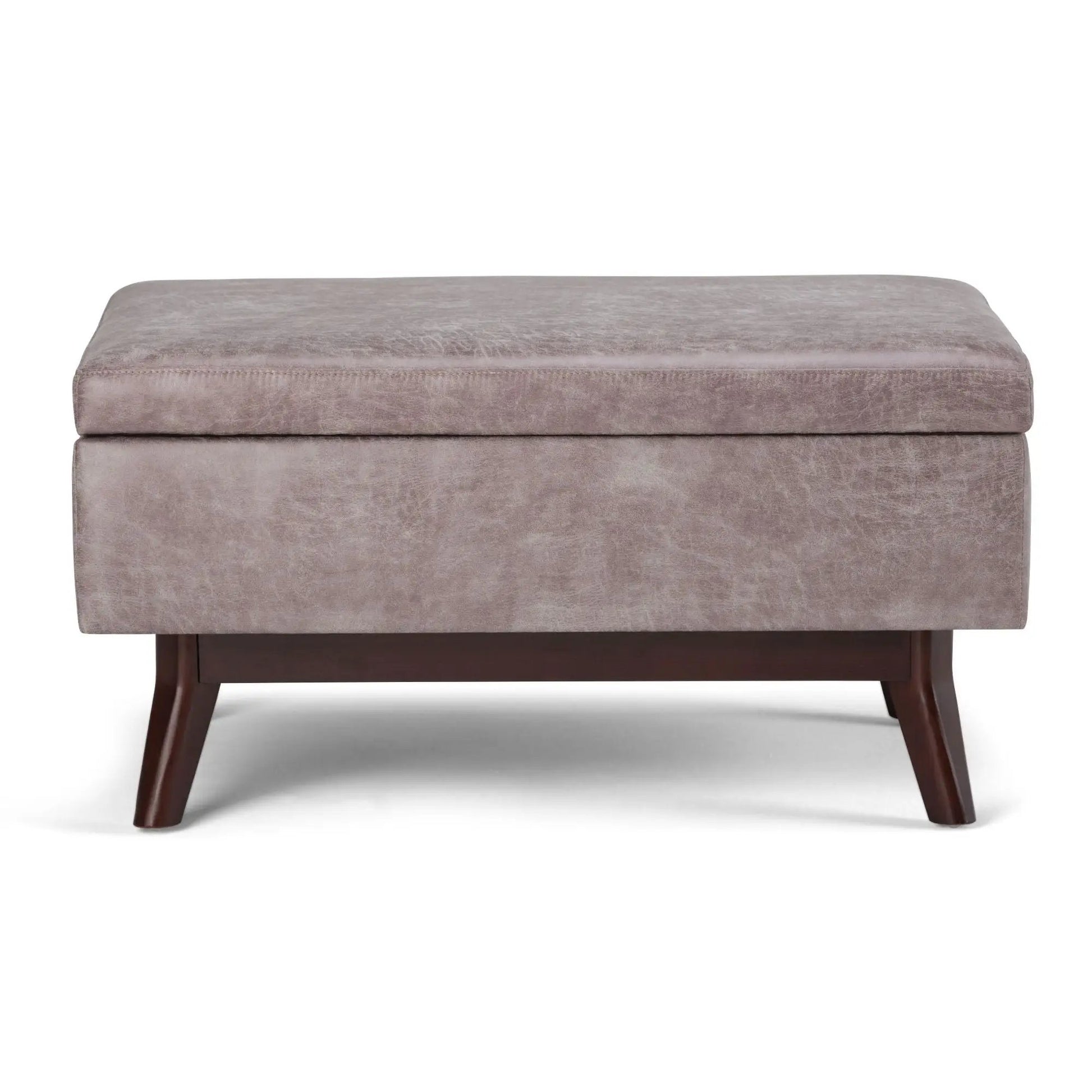 Owen upholstered rectangular storage ottoman in taupe fabric with wooden legs on Tampa Home & Garden Store