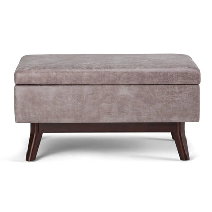 Owen upholstered rectangular storage ottoman in taupe fabric with wooden legs on Tampa Home & Garden Store
