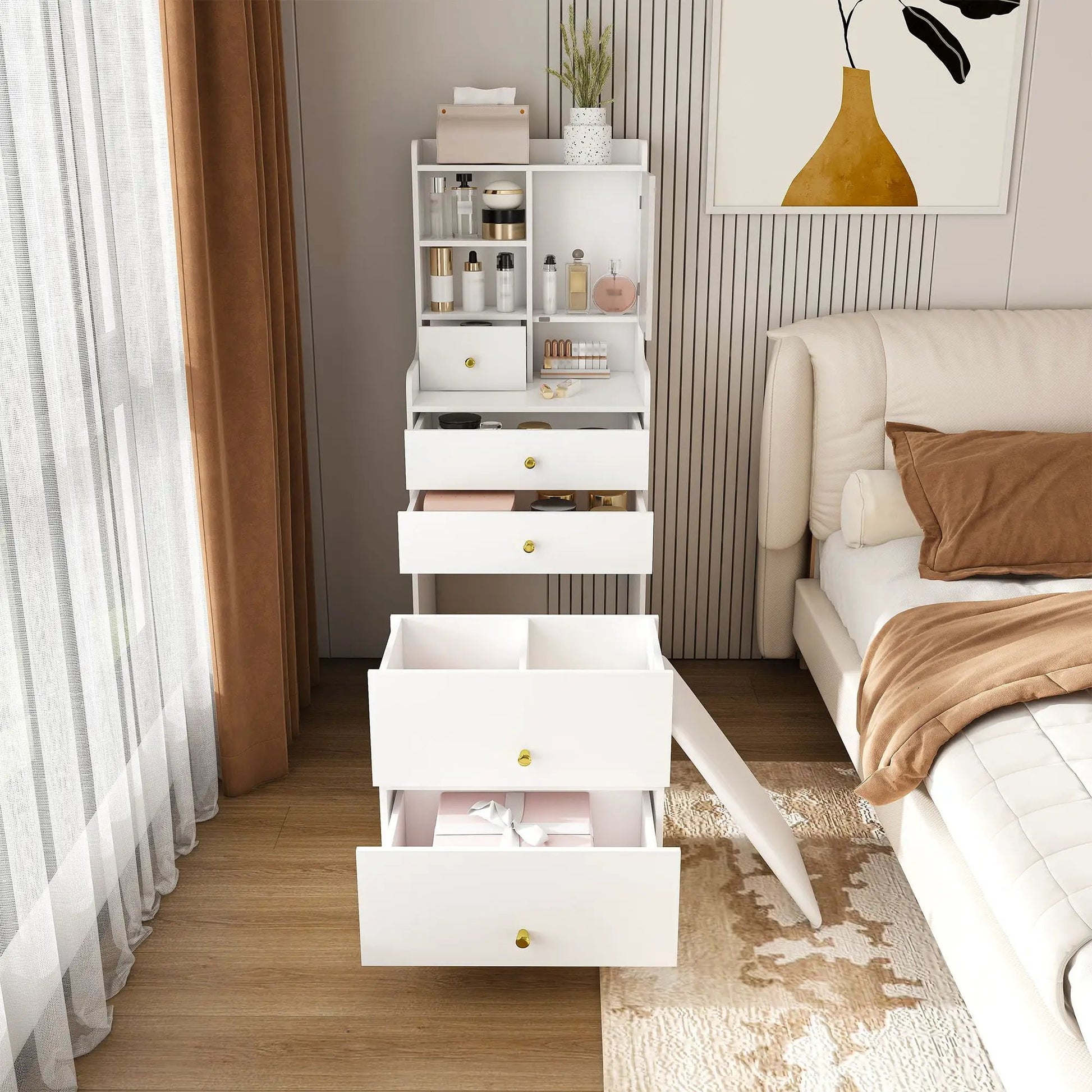 White 3-in-1 vanity storage unit with open shelves and drawers in a bedroom setup on Tampa Home & Garden Store