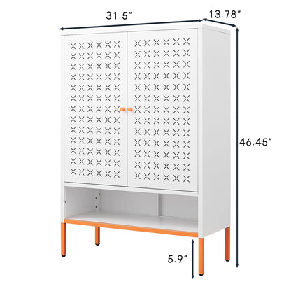 White metal grid-door shoe cabinet with perforated panels, adjustable compartments, orange legs on Tampa Home & Garden Store