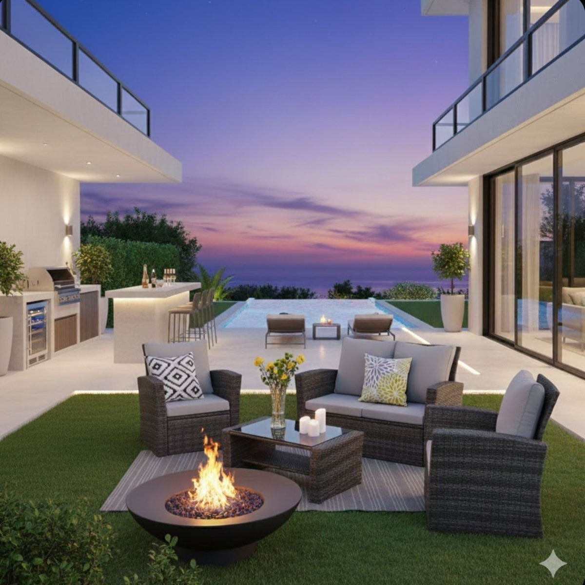 Modern 4-piece outdoor patio set with gray cushions and dark wicker seating around a fire pit on Tampa Home & Garden Store