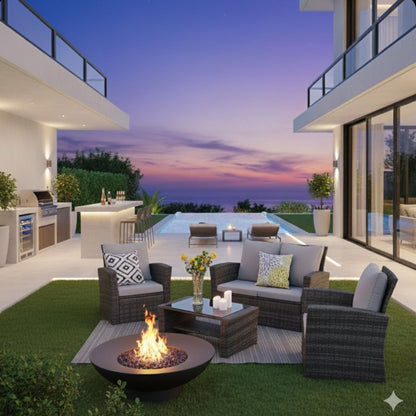 Modern 4-piece outdoor patio set with gray cushions and dark wicker seating around a fire pit on Tampa Home & Garden Store
