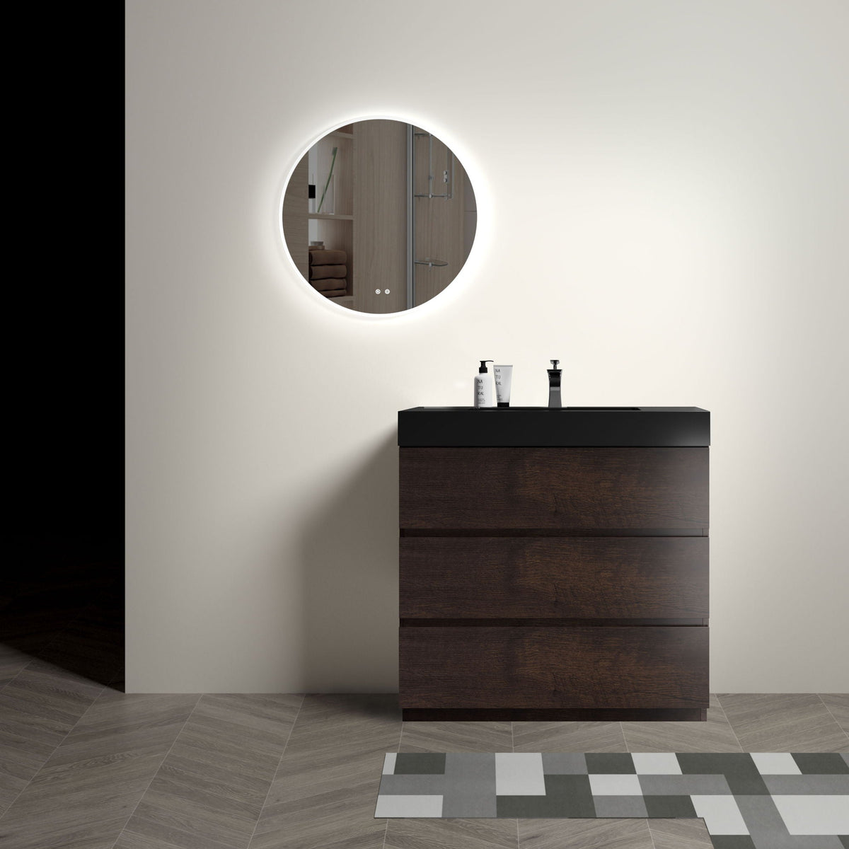 Alice bathroom vanity with storage and one-piece sink, dark wood cabinet with black top on Tampa Home & Garden Store