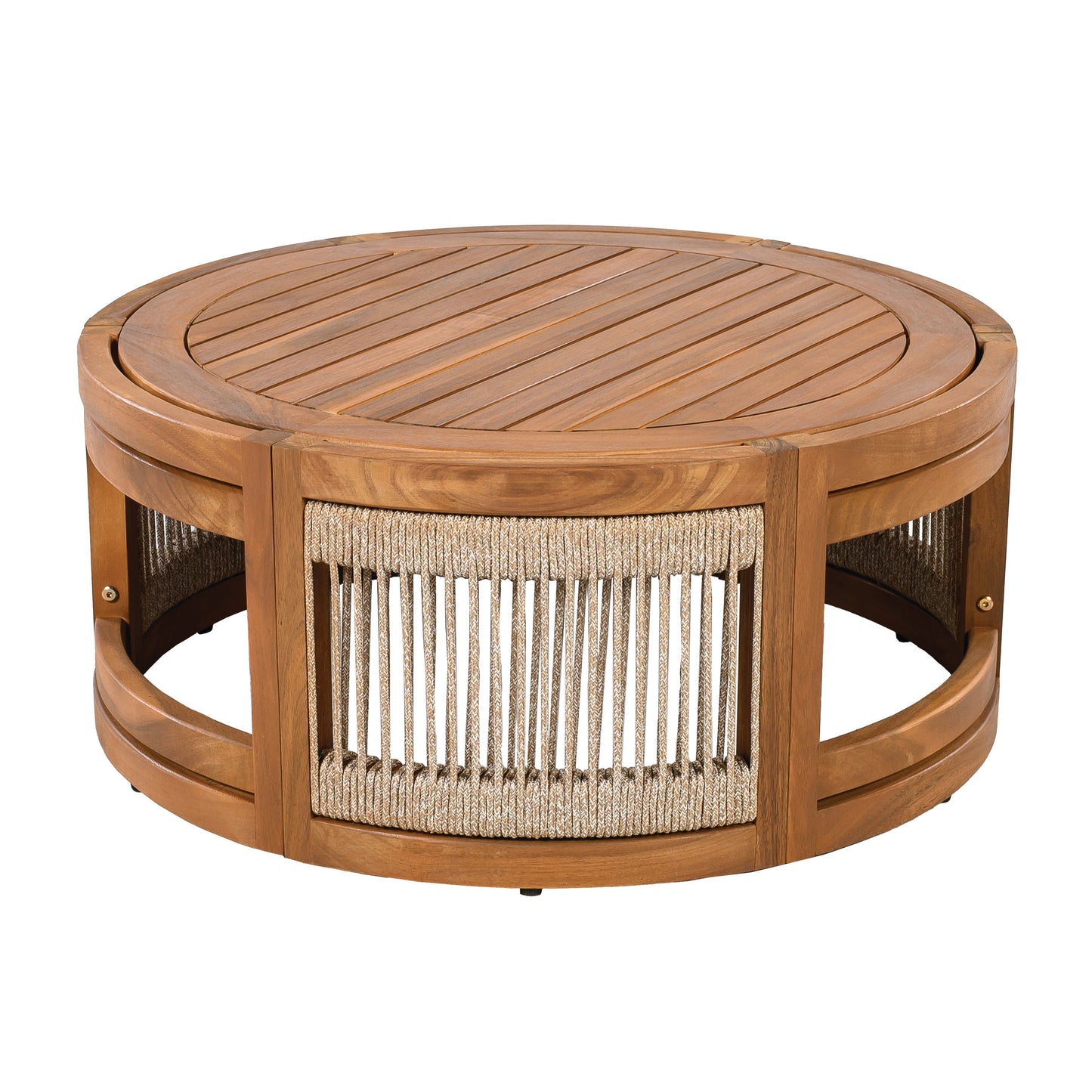 Round acacia wood outdoor coffee table with handwoven rope fringe, HouseOfZazla on Tampa Home & Garden Store