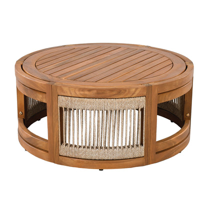 Round acacia wood outdoor coffee table with handwoven rope fringe, HouseOfZazla on Tampa Home & Garden Store