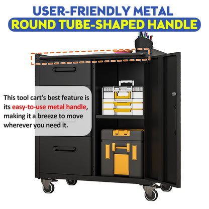 HouseOfZazla metal tool storage cabinet with wheels; black steel cabinet with drawers on Tampa Home & Garden Store
