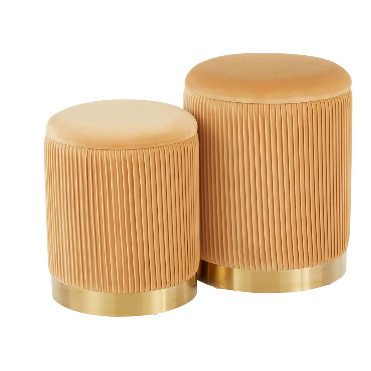 Contemporary nesting pleated ottoman set in warm tan; 3 round upholstered stools with pleats on Tampa Home & Garden Store