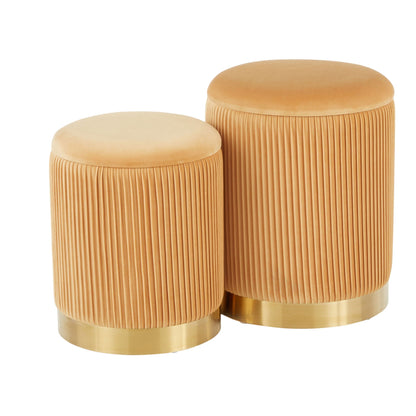 Contemporary nesting pleated ottoman set in warm tan; 3 round upholstered stools with pleats on Tampa Home & Garden Store