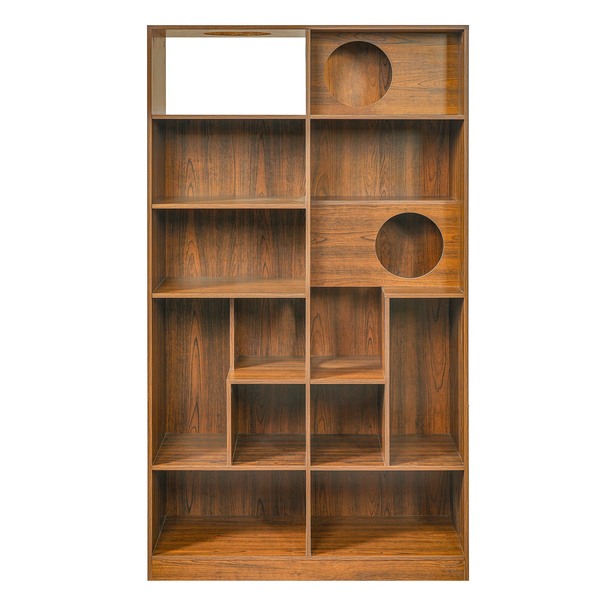 Modern 2 in 1 wood bookshelf cat house in brown finish with circular cat holes by HouseOfZazla on Tampa Home & Garden Store