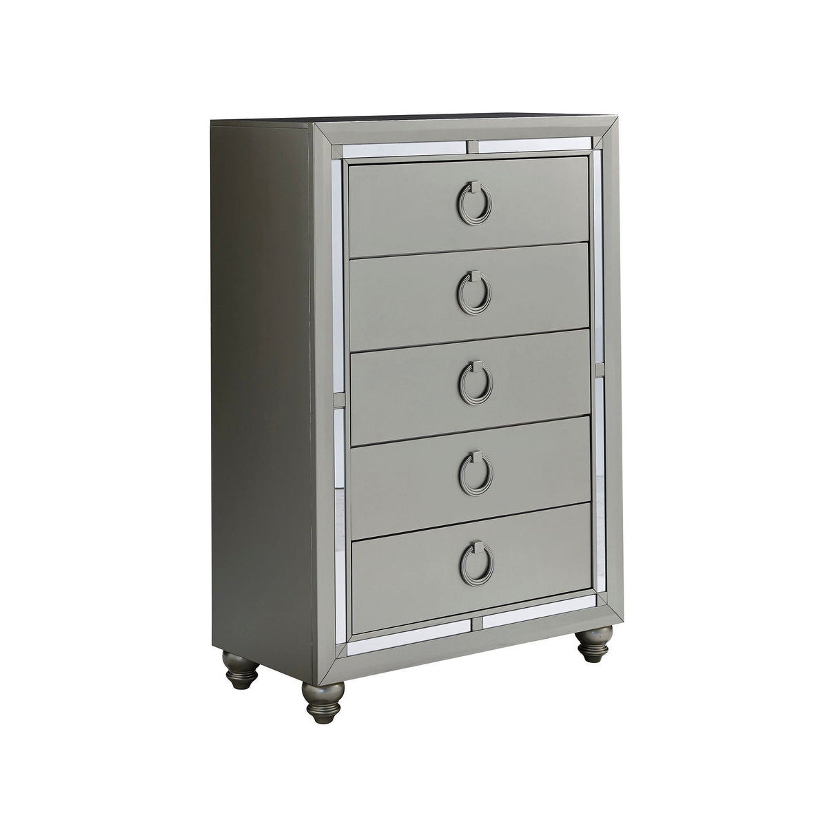 Gemstone Silver Accent Chest Chloe by HouseOfZazla with mirrored trim and silver ring pulls on Tampa Home & Garden Store