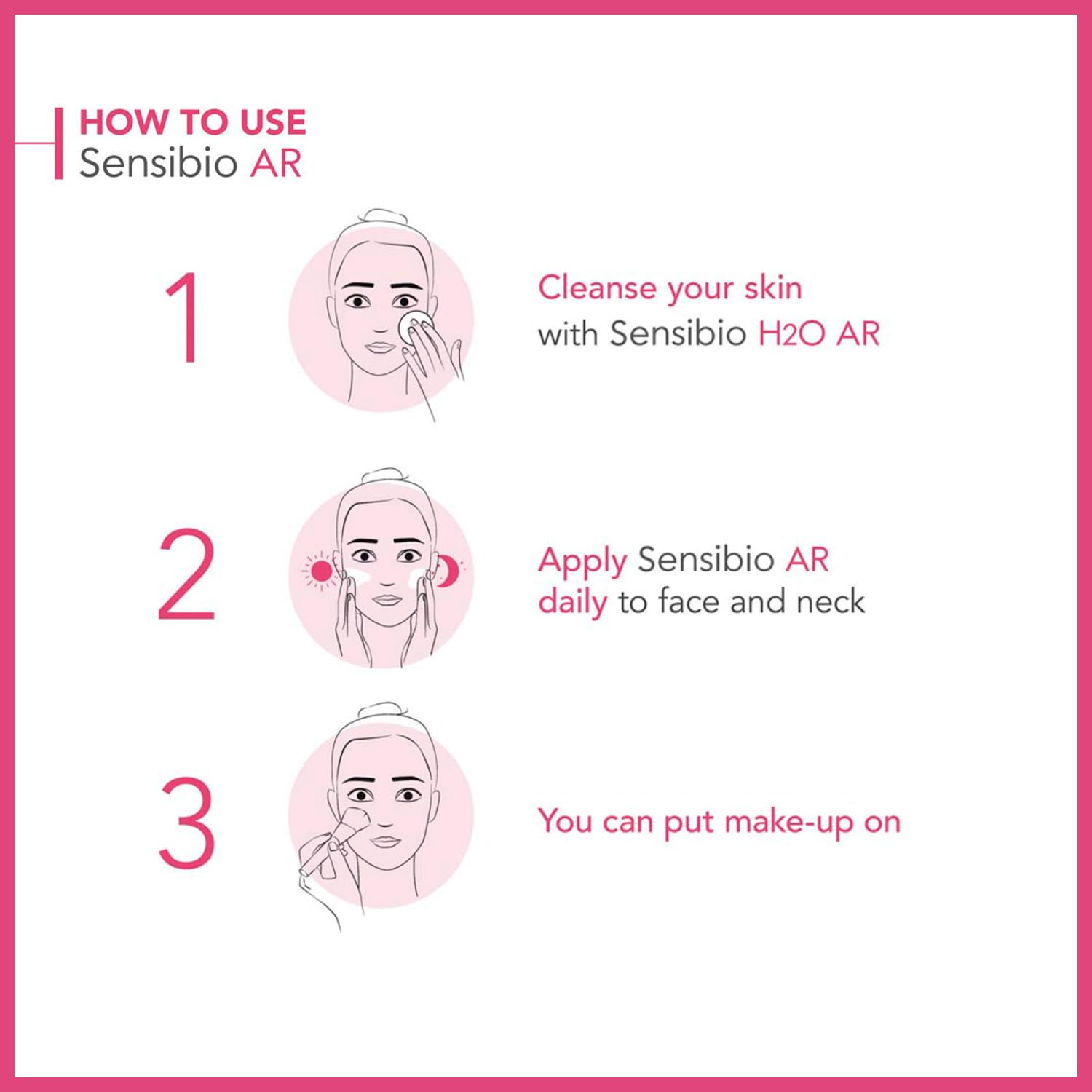 Bioderma Sensibio AR BB Cream SPF30 usage infographic with pink step illustrations 1–3 on Tampa Home & Garden Store