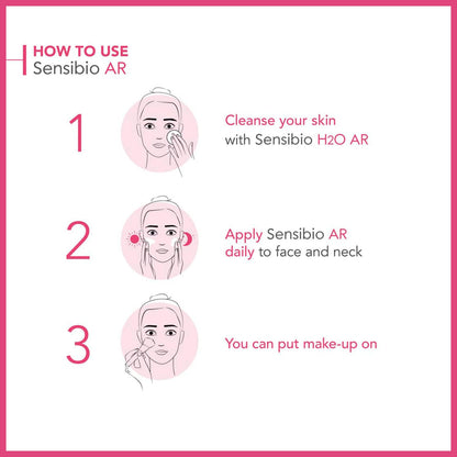 Bioderma Sensibio AR BB Cream SPF30 usage infographic with pink step illustrations 1–3 on Tampa Home & Garden Store