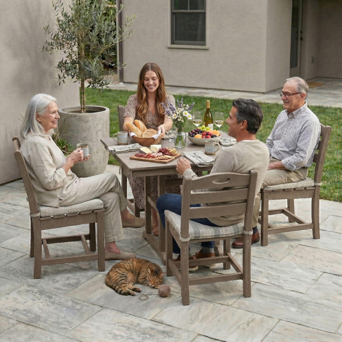 Antique Wood Color HDPE 5-Piece Outdoor Patio Dining Set with brown chairs around a dining table on Tampa Home & Garden Store