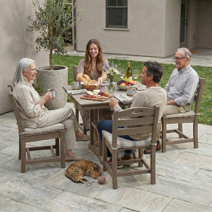 Antique Wood Color HDPE 5-Piece Outdoor Patio Dining Set with brown chairs around a dining table on Tampa Home & Garden Store
