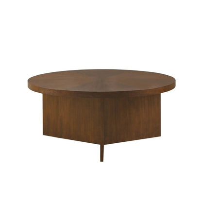 Round coffee table with solid veneer top in warm brown finish by Unique Piece Furniture on Tampa Home & Garden Store