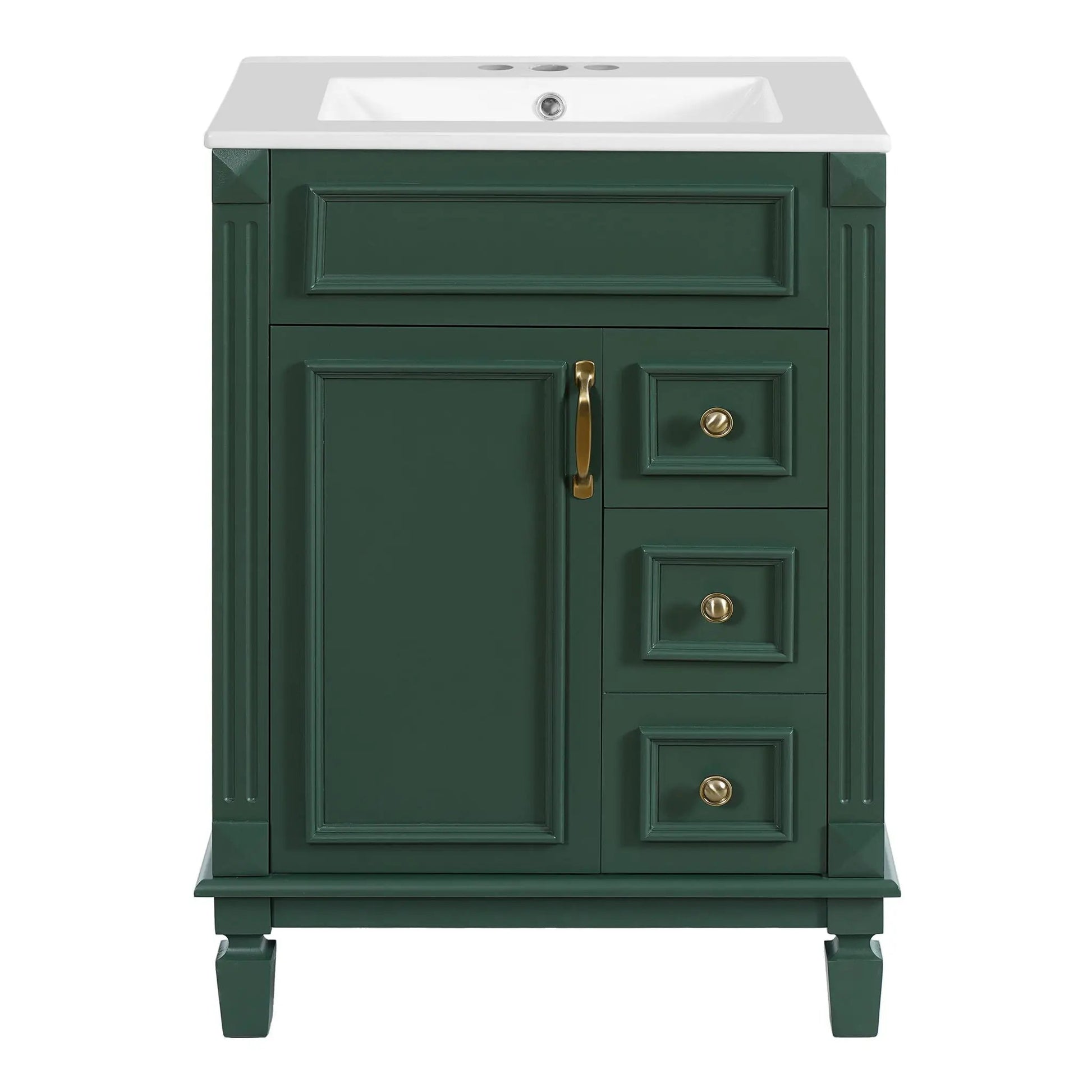 Green bathroom vanity with white sink, 2 brass drawers, cabinet door, adjustable shelf on Tampa Home & Garden Store