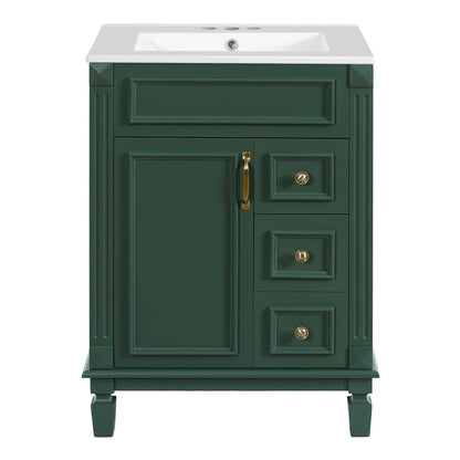 Green bathroom vanity with white sink, 2 brass drawers, cabinet door, adjustable shelf on Tampa Home & Garden Store