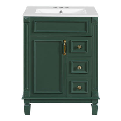 Compact bathroom vanity with white ceramic sink, dark green cabinet, brass hardware, and storage drawers on Tampa Home & Garden Store