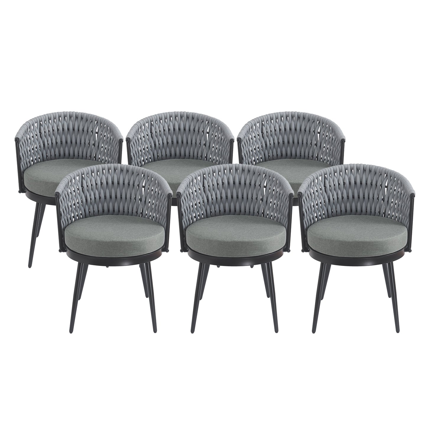 Set of 6 grey outdoor dining chairs with woven backrests and cushioned seats by HouseOfZazla on Tampa Home & Garden Store