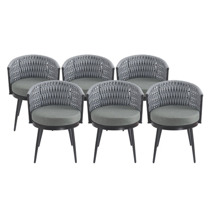 Set of 6 grey outdoor dining chairs with woven backrests and cushioned seats by HouseOfZazla on Tampa Home & Garden Store