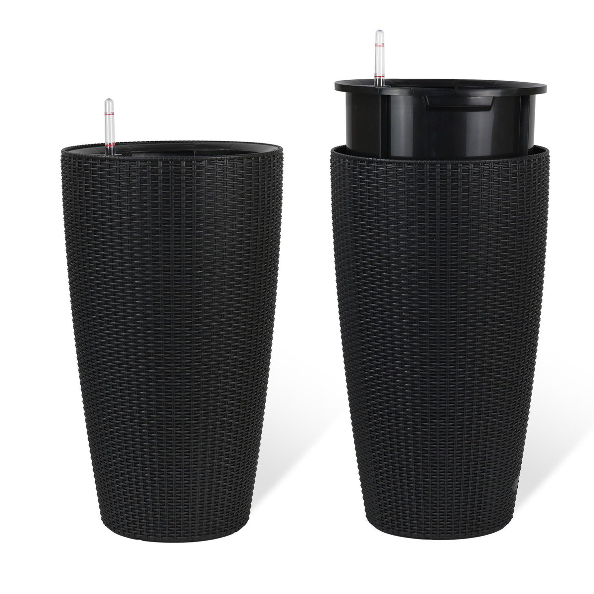 Tall planters by HouseOfZazla with water level monitors and auto watering, black woven 3-pack on Tampa Home & Garden Store
