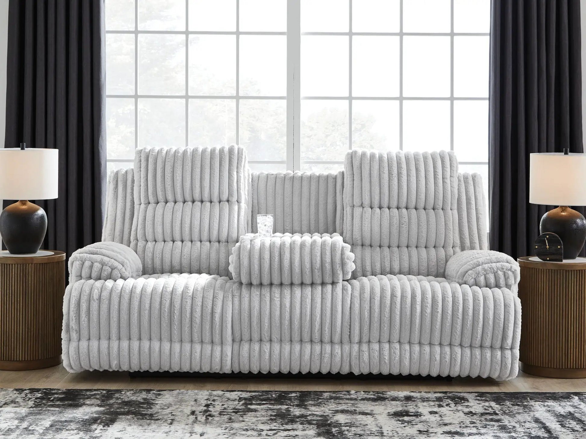 Reclining power sofa Rhines Falls alloy gray ribbed upholstery with drop down table on Tampa Home & Garden Store