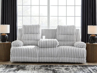 Reclining power sofa Rhines Falls alloy gray ribbed upholstery with drop down table on Tampa Home & Garden Store