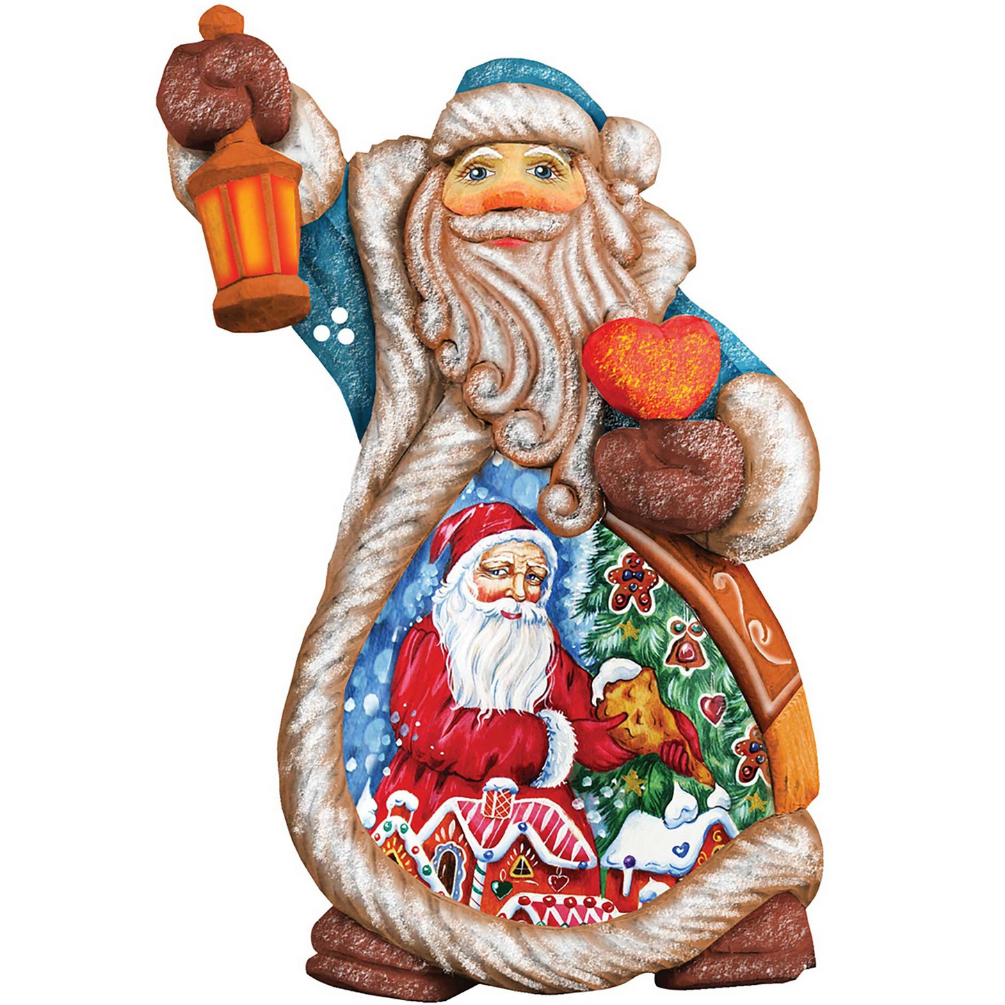 Gingerbread Santa sculpted hand-painted ornament with lantern and heart motif by G. DeBrekht on Tampa Home & Garden Store