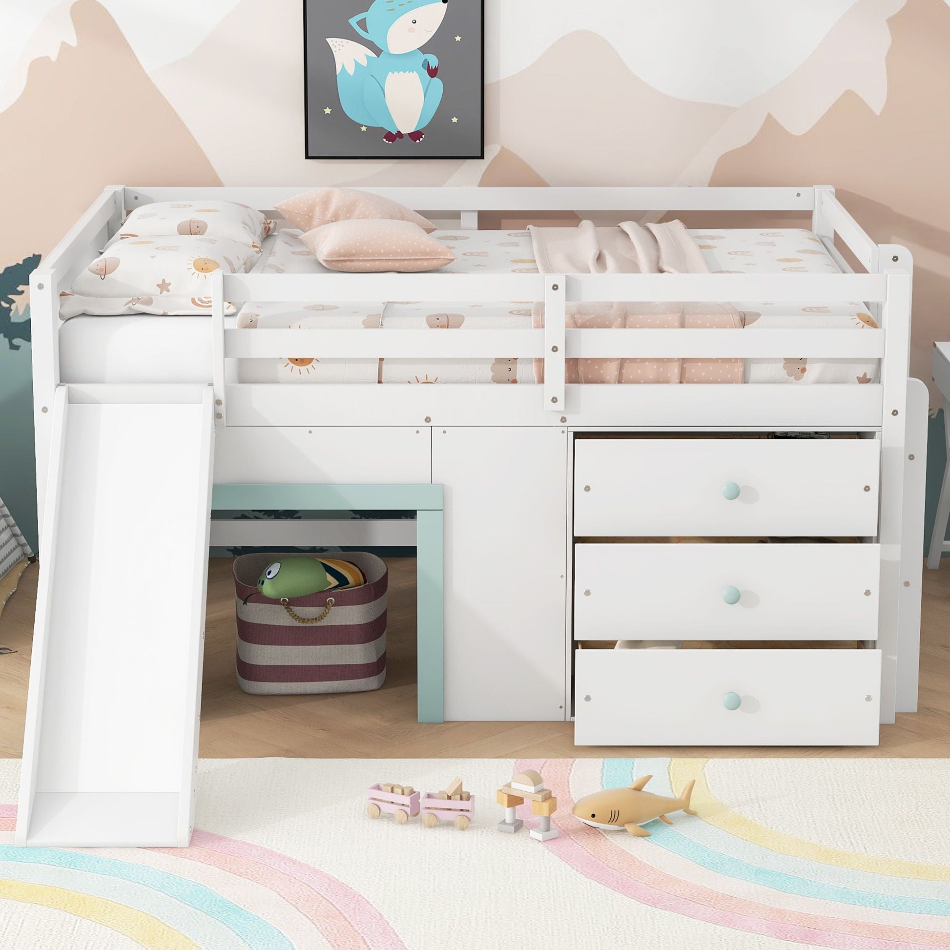 White modern low loft bed with slide, 3 storage drawers and 2 doors by HouseOfZazla on Tampa Home & Garden Store