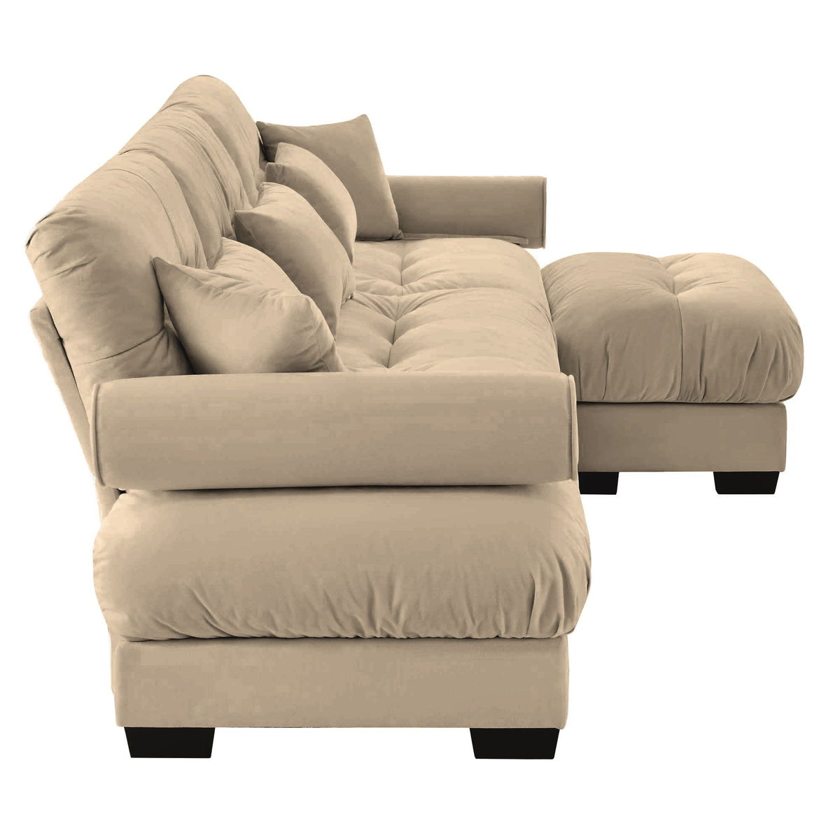 Modern sectional sofa with ottoman in beige fabric, round bolster arms and pillows on Tampa Home & Garden Store